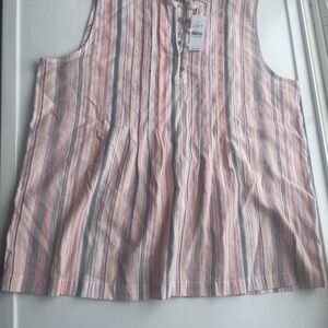 *NWT* LOFT Striped Sleeveless Blouse 1/4 Button Salmon/GrayLoose Women’s L *NWT*